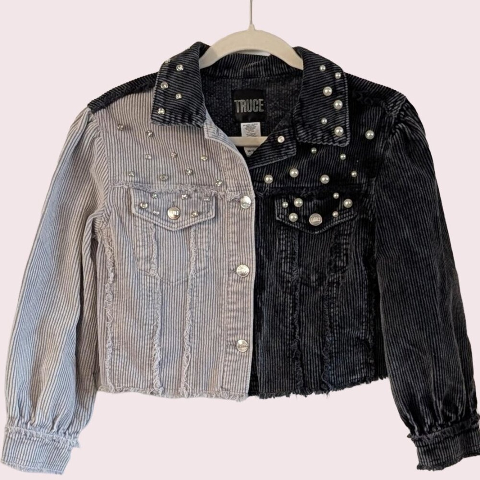 Truce Y2k Pearl Rhinestone Cropped Corduroy Jacket Two Tone Size M Nwt